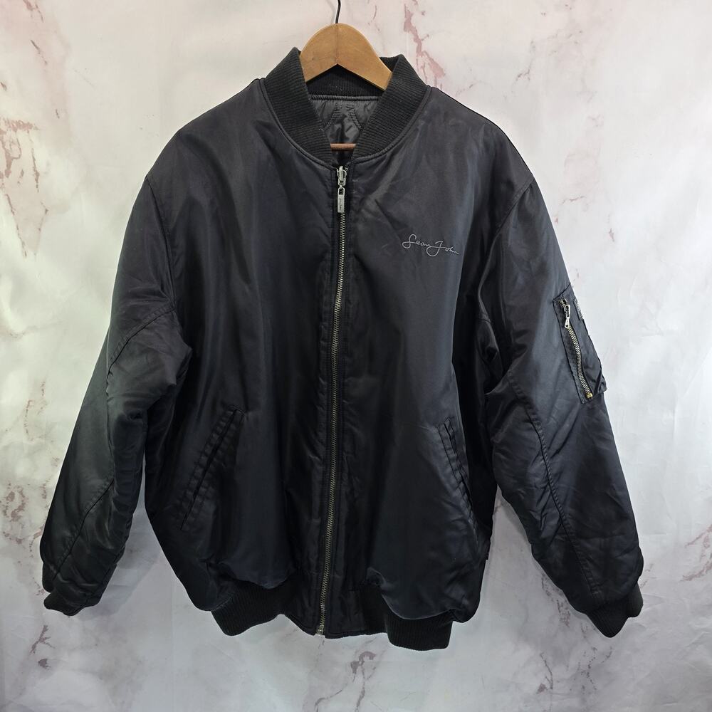Vintage Y2K Jacket Mens Large Black Bomber Zip Sean John P Diddy Satin Coat Rare